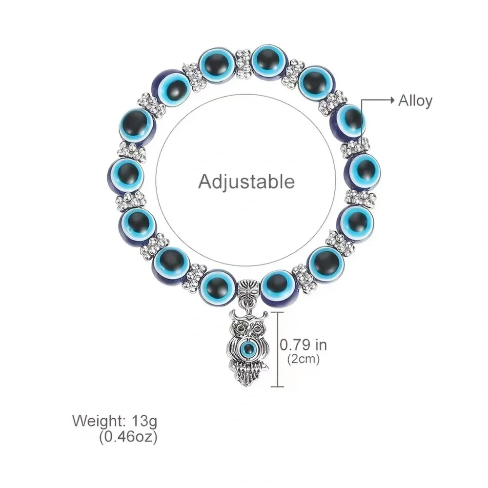 Evil Eye Beaded Stretch Bracelet with Silver-Tone Owl Charm